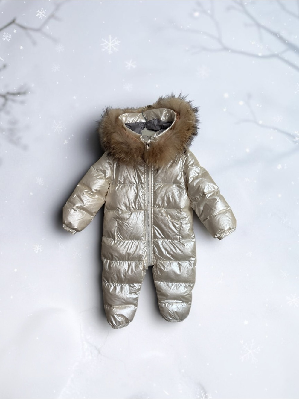 Ivory Hooded Puffer Snowsuit Coverall ONE PIECE zip 18-24 months